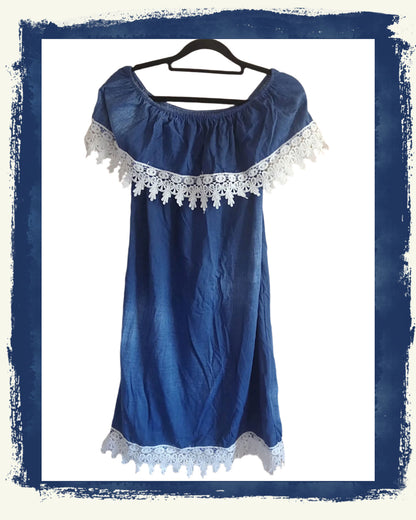 Denim Coloured Off the Shoulder Dress with Frill Neckline and Hem
