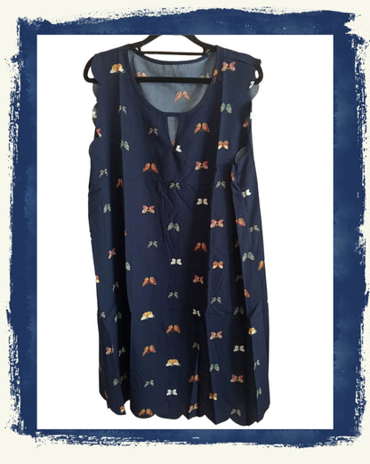 Navy Butterfly Print Dress with Scalloped Hem