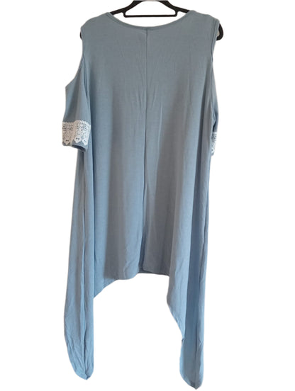 Grey Cold Shoulder Dress with Lace Trim Sleeves and Handkerchief Hem