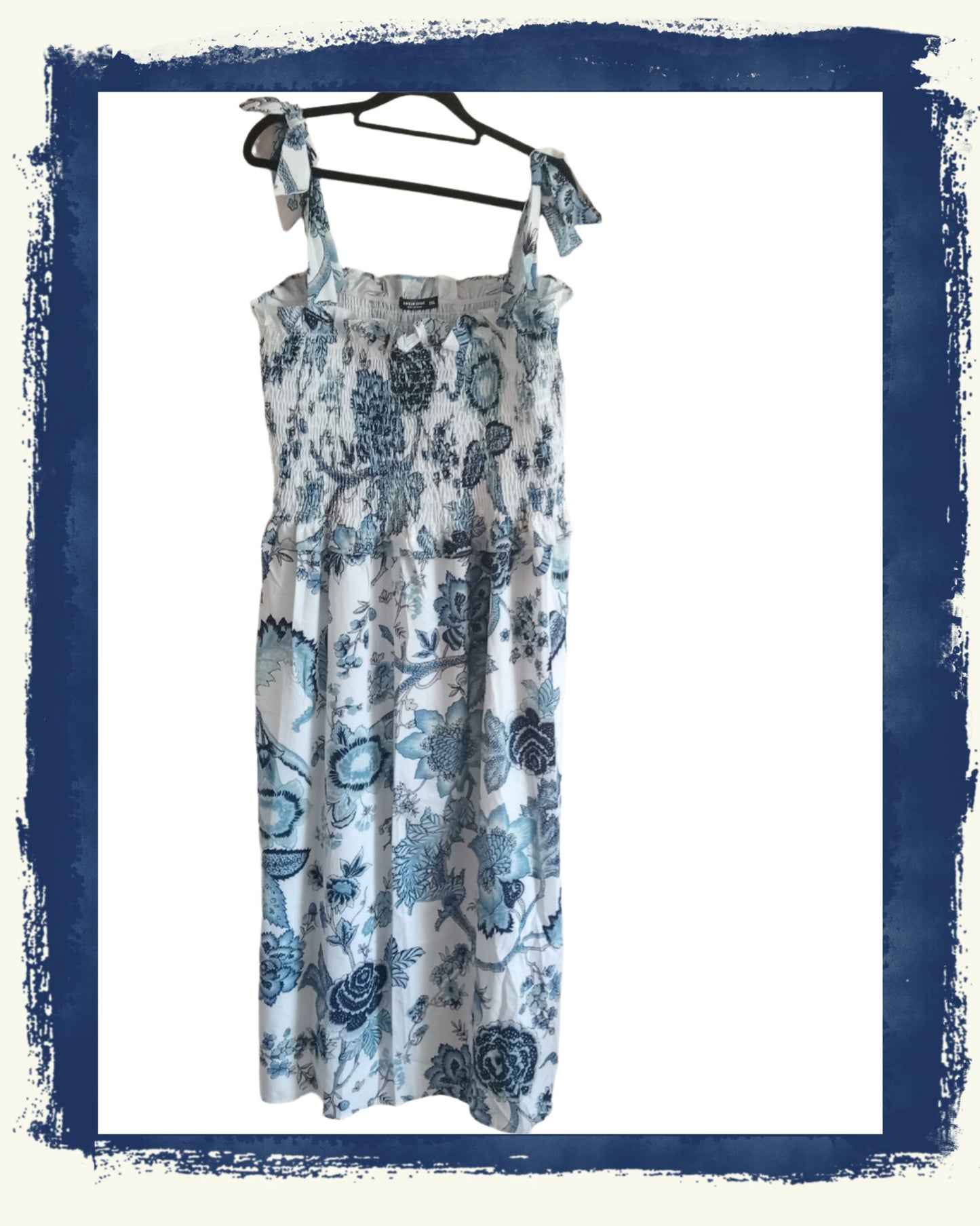 Blue Floral Shirred Bodice Dress with Tie Straps