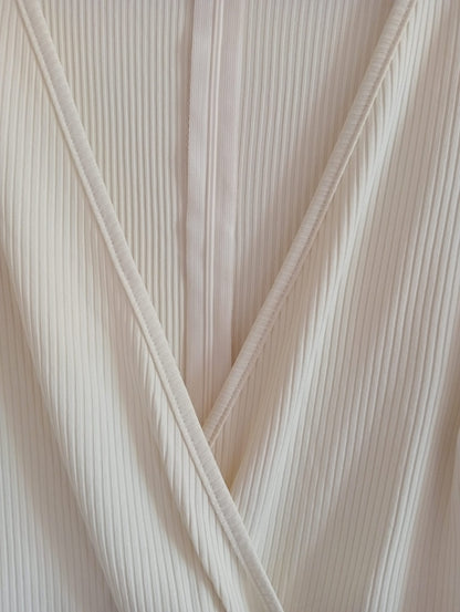 Cream Belted Dress with Frill Hem and Surplice Neckline