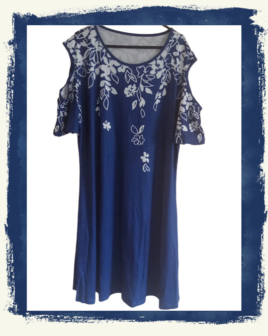 Navy and White Cold Shoulder Dress with Floral Pattern