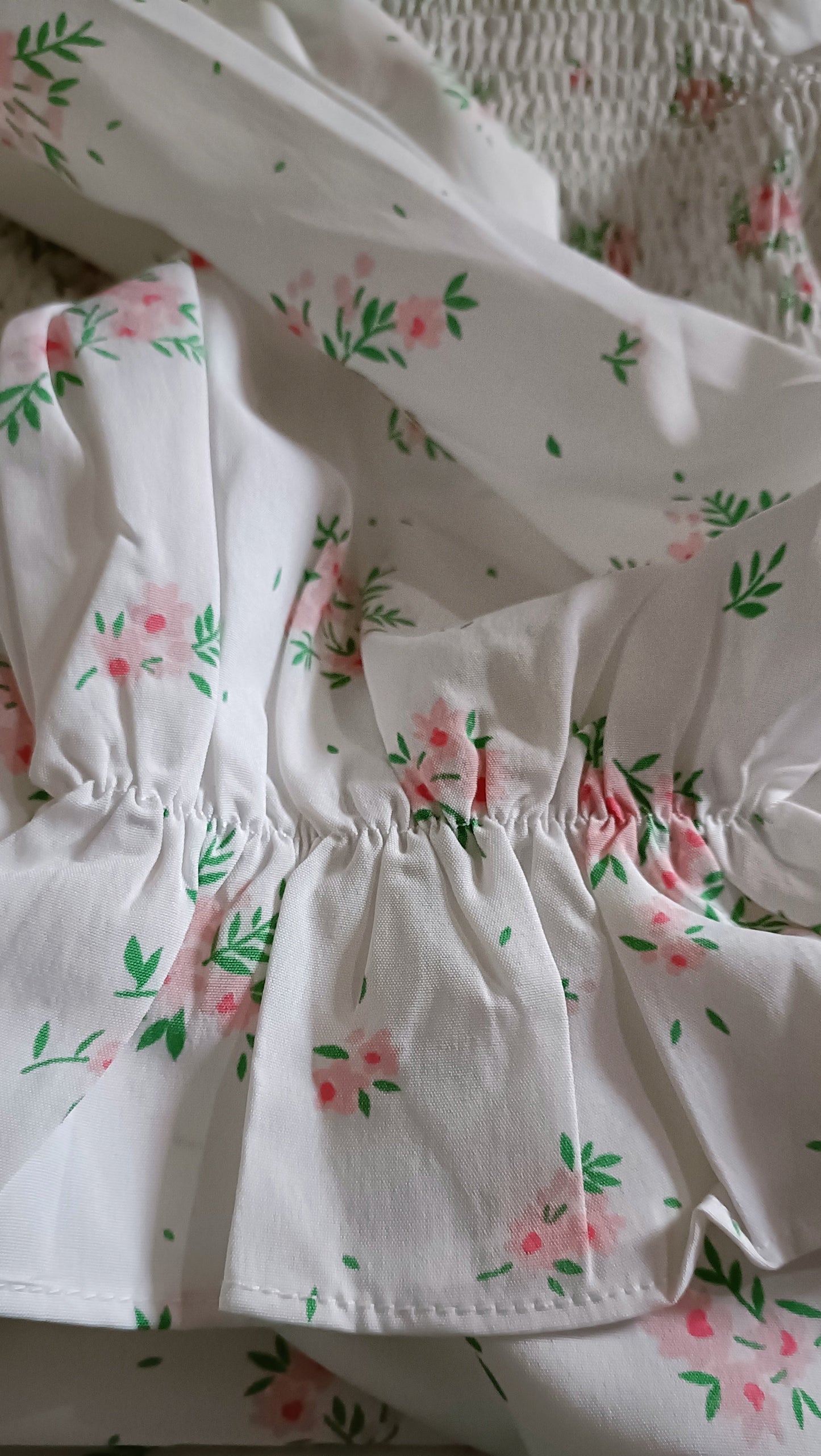 White Floral Dress with Shirred Bodice