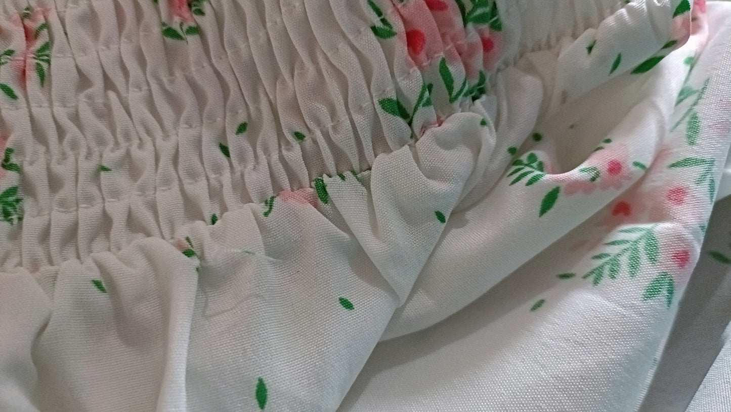 White Floral Dress with Shirred Bodice