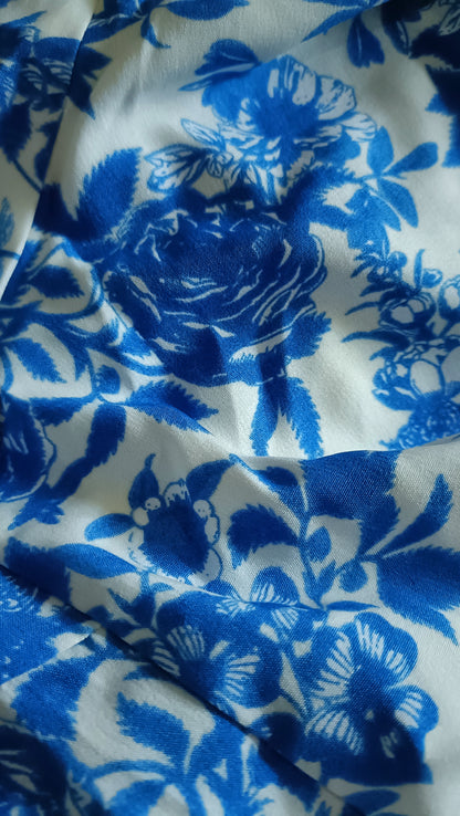Blue Floral Cold Shoulder Top with Lace Trim