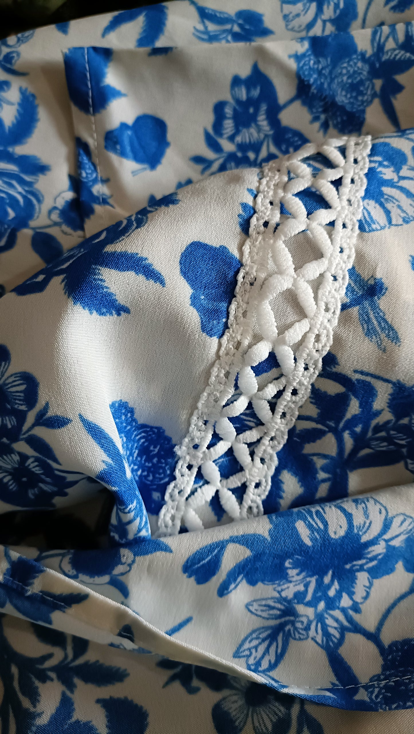 Blue Floral Cold Shoulder Top with Lace Trim