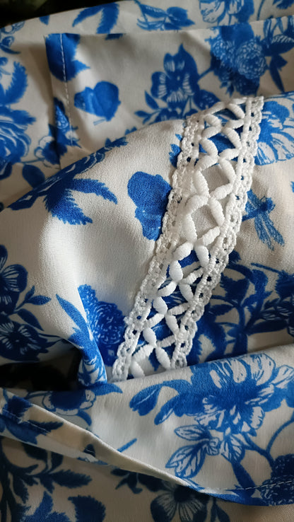 Blue Floral Cold Shoulder Top with Lace Trim