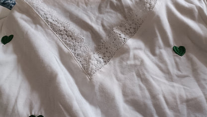 White T Shirt with Embroidered Green Hearts and Lace Trim