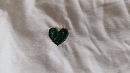White T Shirt with Embroidered Green Hearts and Lace Trim