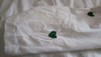 White T Shirt with Embroidered Green Hearts and Lace Trim