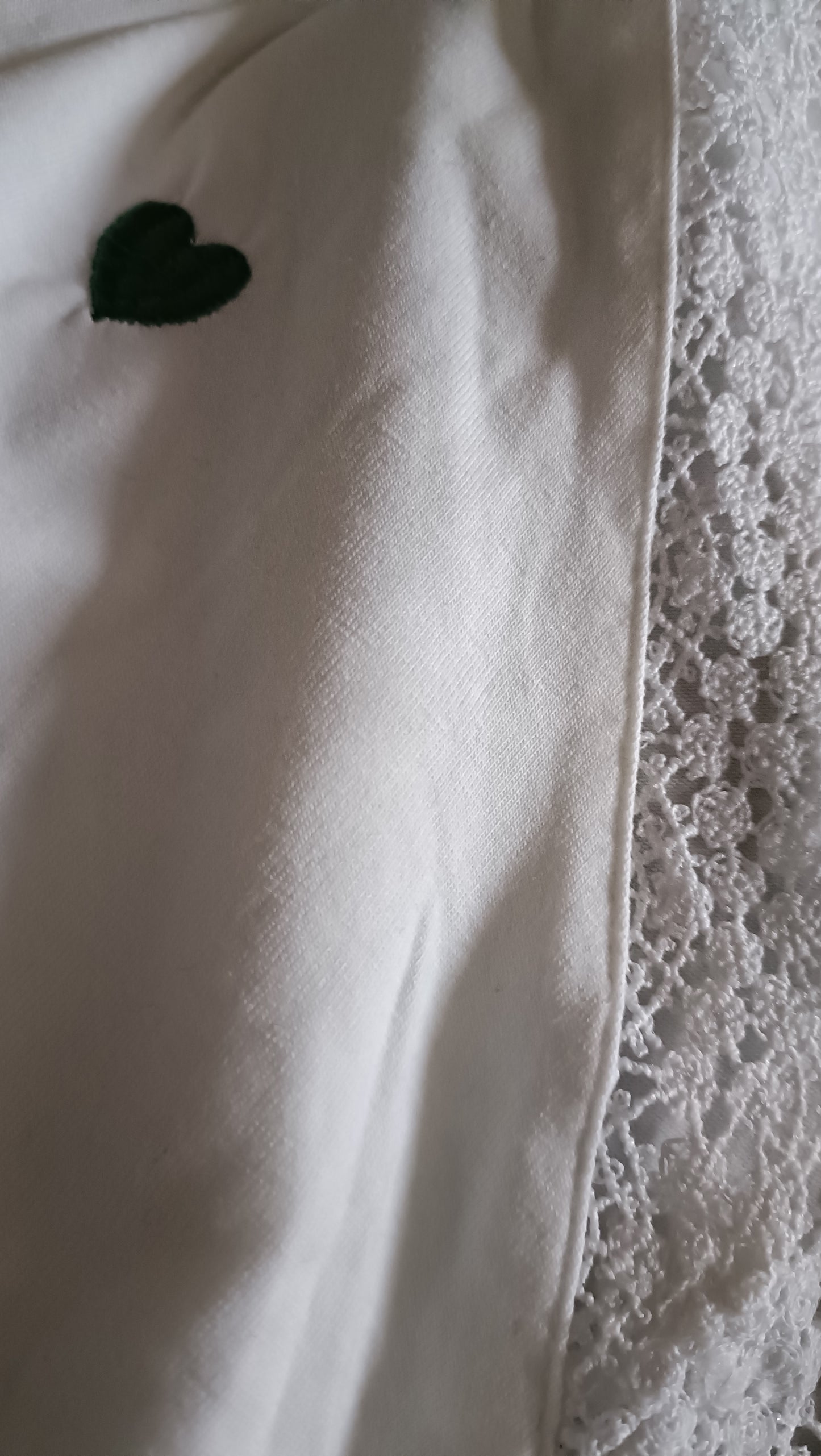 White T Shirt with Embroidered Green Hearts and Lace Trim