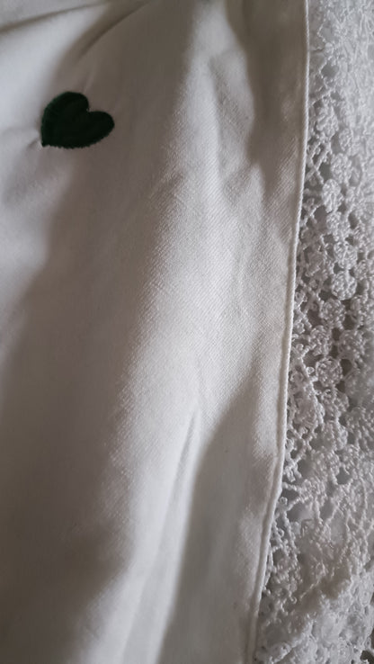 White T Shirt with Embroidered Green Hearts and Lace Trim