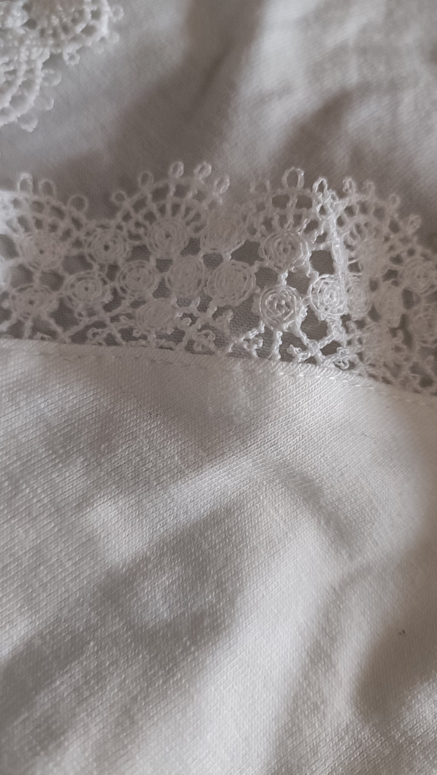 White T Shirt with Embroidered Green Hearts and Lace Trim