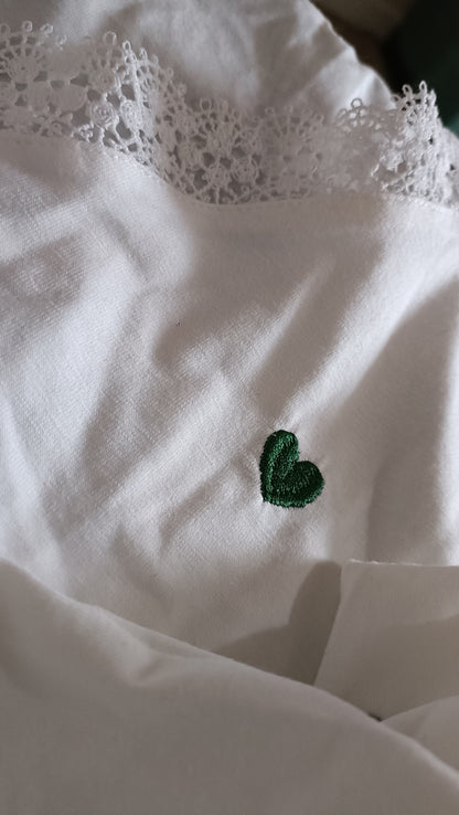 White T Shirt with Embroidered Green Hearts and Lace Trim