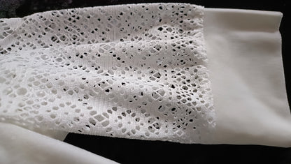 Cream Velvet Hoodie with Lace Sleeves and Pocket