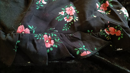 Black Short Sleeve Top with Floral Panel and Frill Sleeves