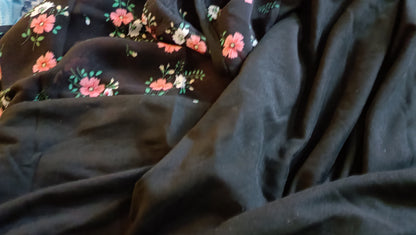 Black Short Sleeve Top with Floral Panel and Frill Sleeves