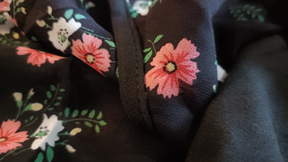 Black Short Sleeve Top with Floral Panel and Frill Sleeves