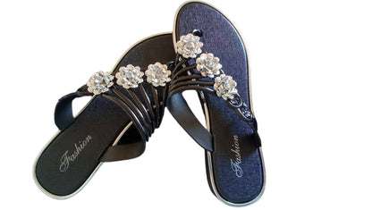 Summer Flip Flop Sandals with Rhinestone Flower Detail