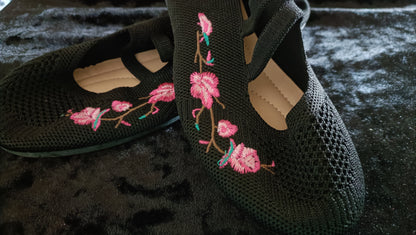 Black Embroidered Ballet Style Shoe with Straps