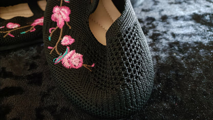 Black Embroidered Ballet Style Shoe with Straps