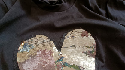 Black T Shirt with Sequin Heart Motif
