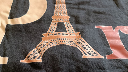 Black T-Shirt with Romantic Paris Slogan and Eiffel Tower