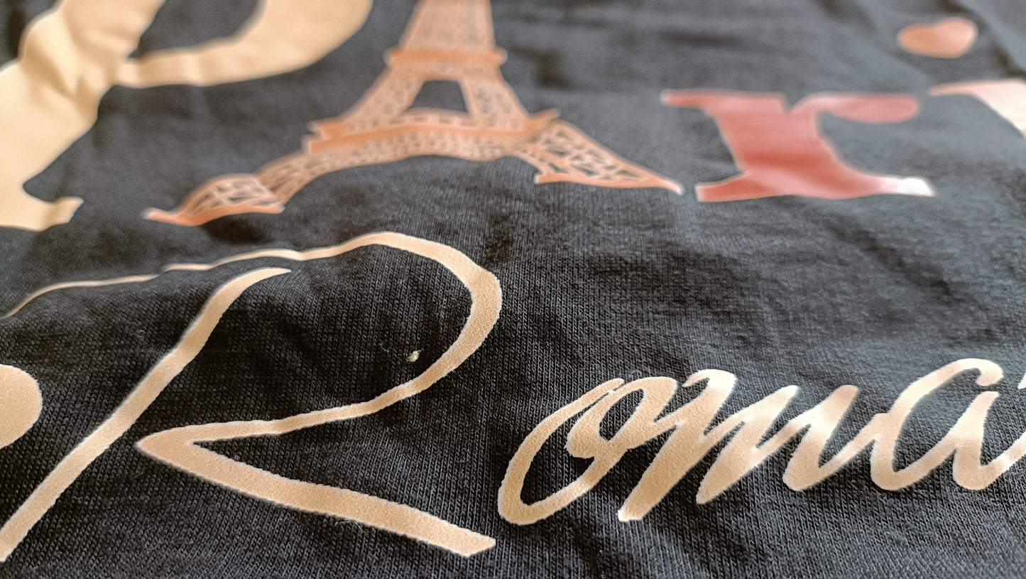Black T-Shirt with Romantic Paris Slogan and Eiffel Tower