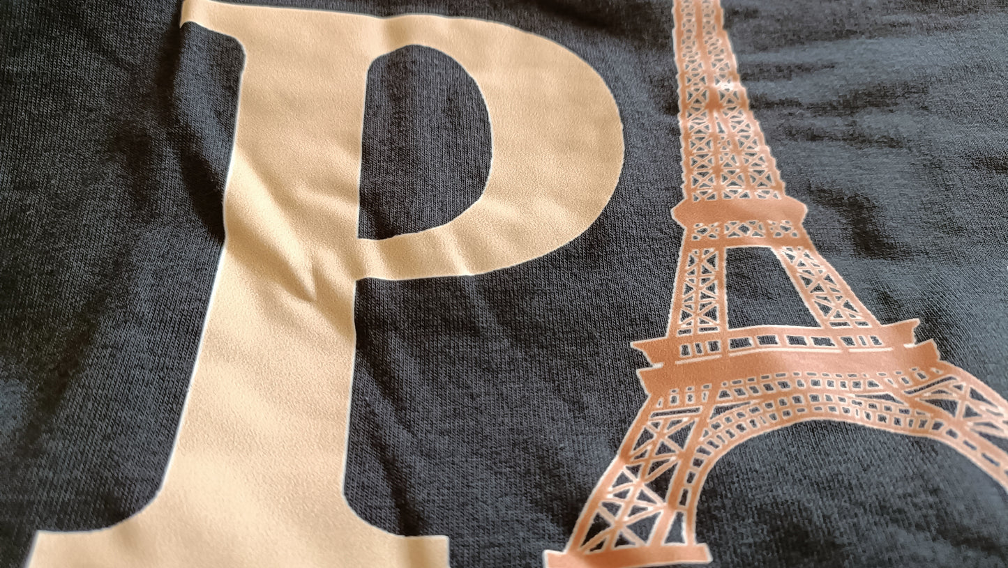 Black T-Shirt with Romantic Paris Slogan and Eiffel Tower