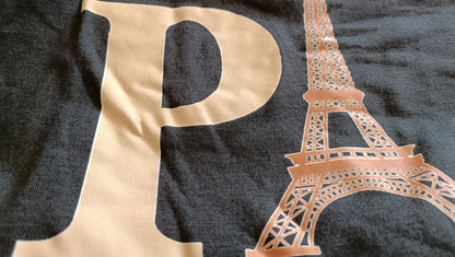 Black T-Shirt with Romantic Paris Slogan and Eiffel Tower