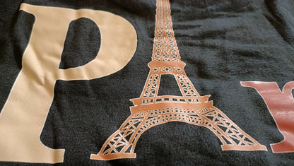 Black T-Shirt with Romantic Paris Slogan and Eiffel Tower