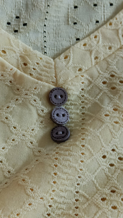 Vibrant Yellow Eyelet Embroidery Top with Tie Ruched Sleeve Detail