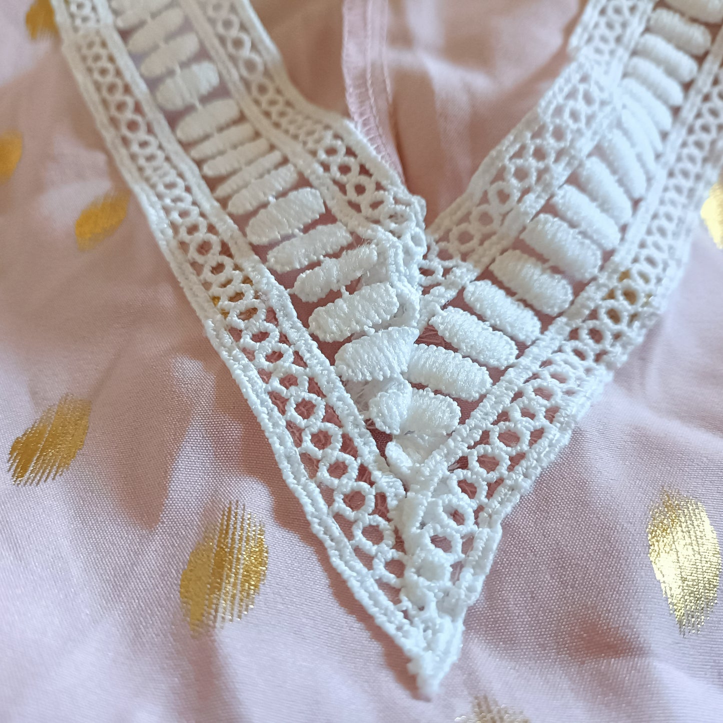 Tea Dress with Gold Dots and Lace Trim Neckline