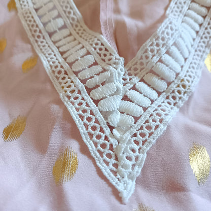 Tea Dress with Gold Dots and Lace Trim Neckline