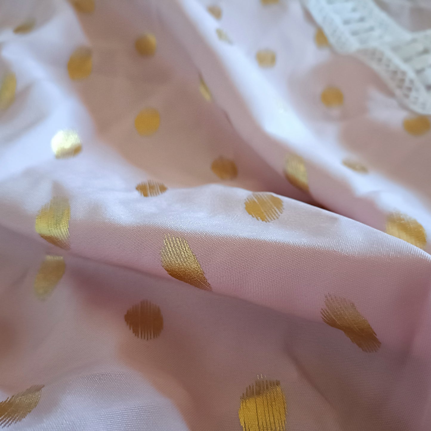 Tea Dress with Gold Dots and Lace Trim Neckline