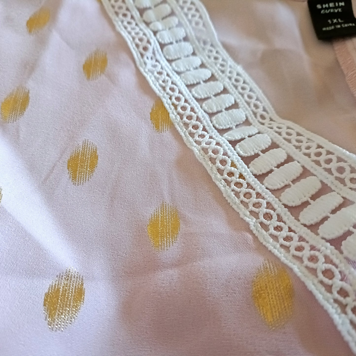 Tea Dress with Gold Dots and Lace Trim Neckline