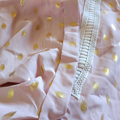 Tea Dress with Gold Dots and Lace Trim Neckline