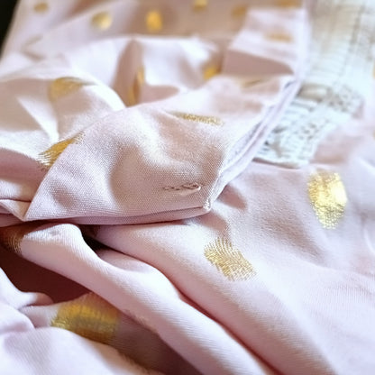 Tea Dress with Gold Dots and Lace Trim Neckline