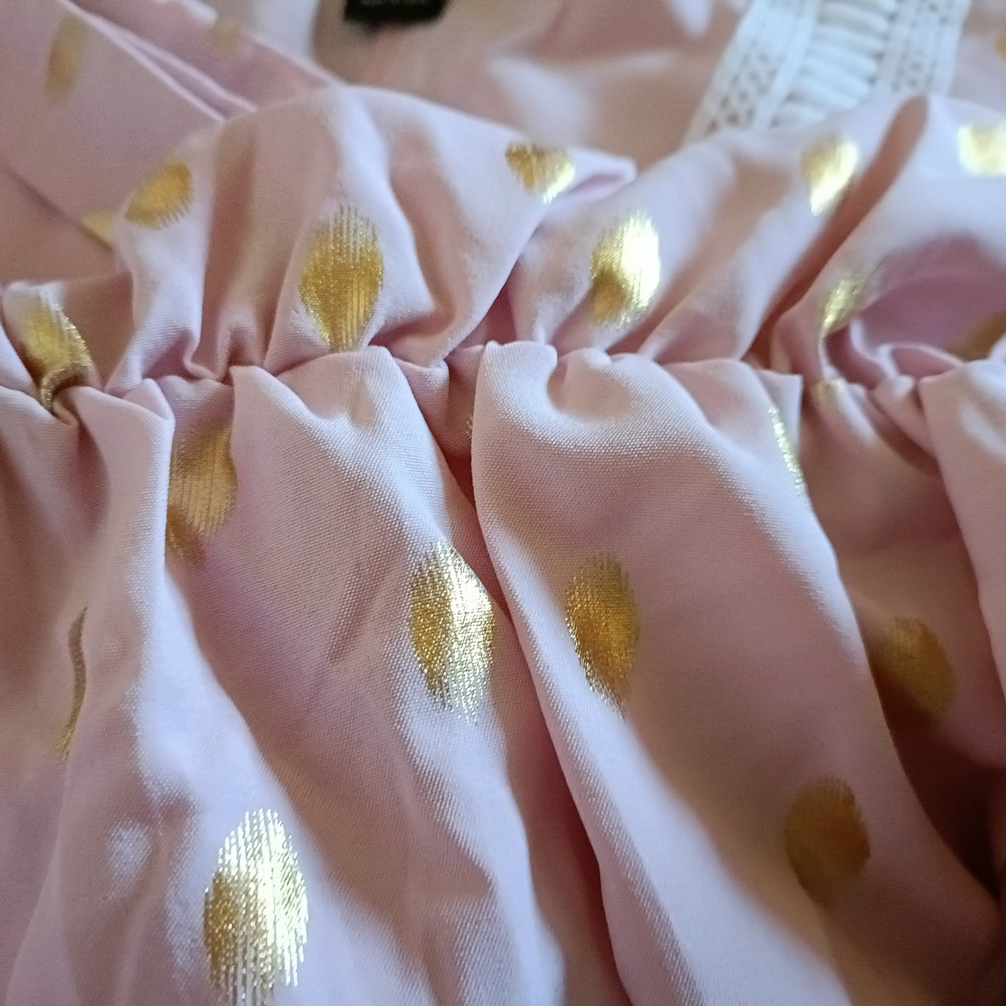 Tea Dress with Gold Dots and Lace Trim Neckline