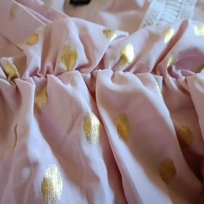 Tea Dress with Gold Dots and Lace Trim Neckline