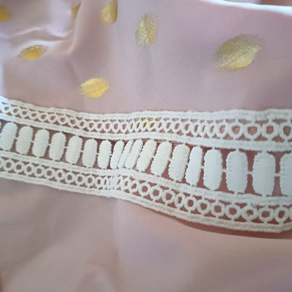 Tea Dress with Gold Dots and Lace Trim Neckline