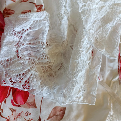 White Lace Raglan Sleeve Top with Red Flower Print