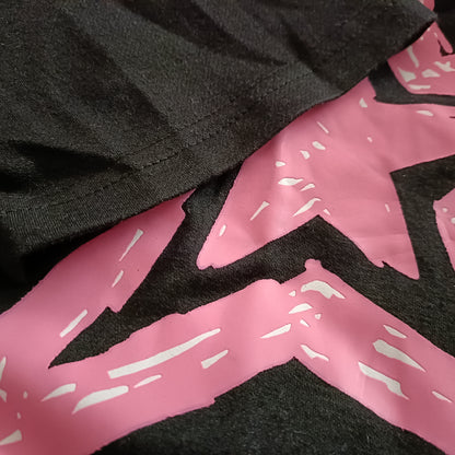 Black Short Sleeve T Shirt with Pink Star Print