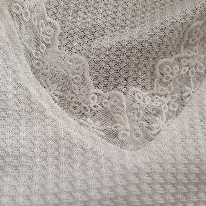 Cream Long Sleeve Waffle Texture T-Shirt with Lace Trim V Neck