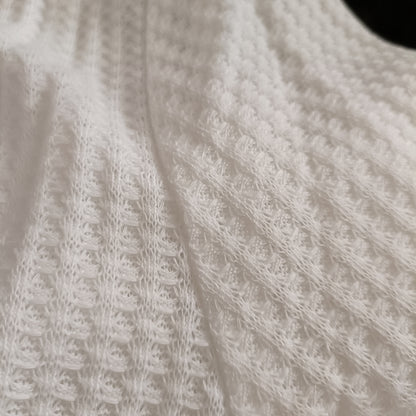 Cream Long Sleeve Waffle Texture T-Shirt with Lace Trim V Neck
