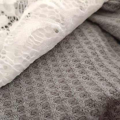 Textured Waffle Top with White Lace Raglan Sleeves