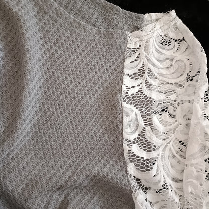 Textured Waffle Top with White Lace Raglan Sleeves