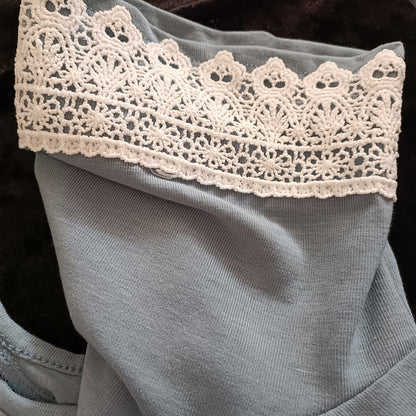 Grey Cold Shoulder Dress with Lace Trim Sleeves and Handkerchief Hem