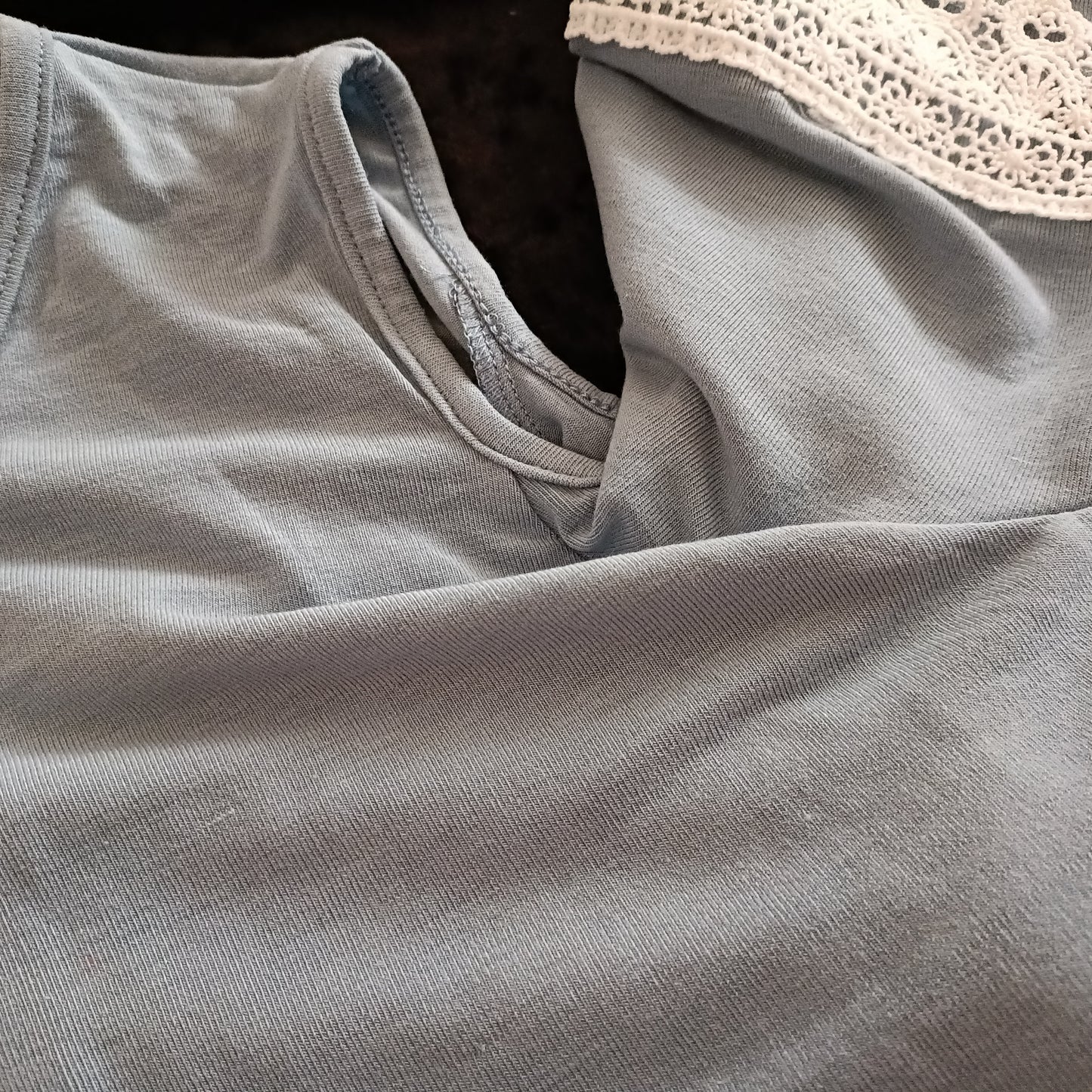 Grey Cold Shoulder Dress with Lace Trim Sleeves and Handkerchief Hem