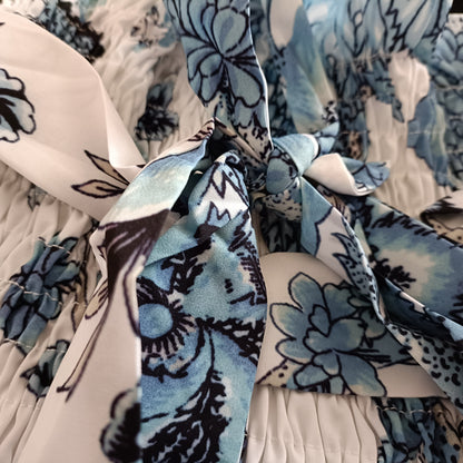 Blue Floral Shirred Bodice Dress with Tie Straps